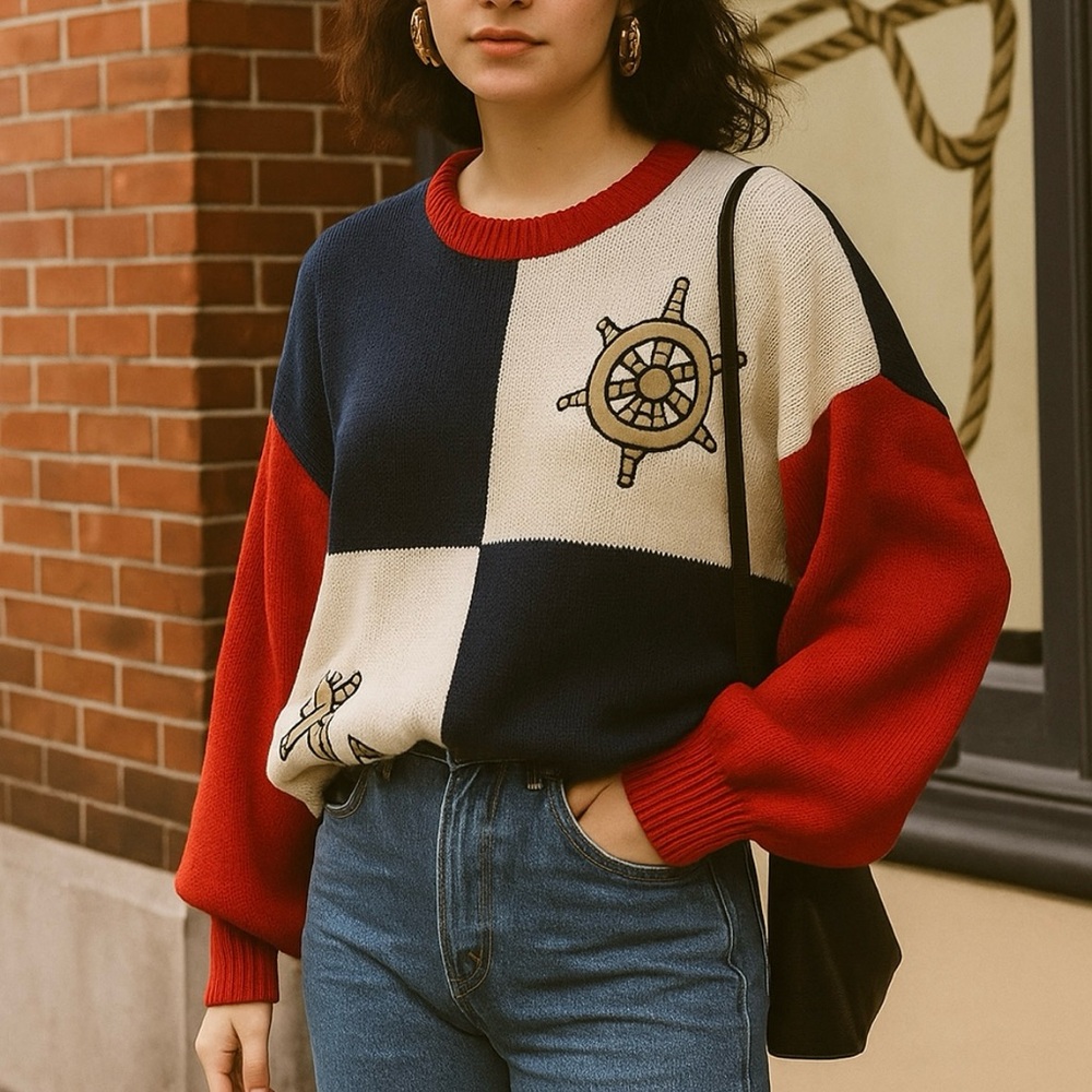 VTG Aurea Nautical Sailing Sweater 100% Combed Cotton Red White & Blue Size L